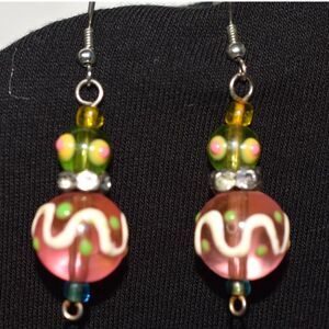 Vintage Art Deco Pink/Green Glass Lampwork Rhinestone Accents 1.5"Hook Earrings